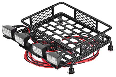 RC Car Roof Rack, Small Size Roof Rack Luggage Carrier With 4 Quadrate LED Lights for Axial SCX10 1/10 Remote Control Crawler Car(4 White Light Color)