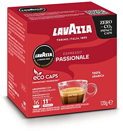 Lavazza, A Modo Mio Espresso Passionale, Coffee Capsules, 100% Arabica, Warm and Inviting Taste, Intensity 11/13, Dark Roasting, Perfect for a 40ml Espresso, Compostable, 16 Coffee Pods