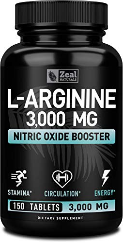 Zeal Naturals L-Arginine Supplement - 3000mg, 150 Tablets | Nitric Oxide Booster | L Arginine Supplement for Men & Women | Support Energy, Circulation, Muscle Growth