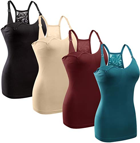 GXXGE 4Pack Women's Nursing Tank Top Cami Nursing Maternity Bra Breastfeeding Shirts with Adjustable Straps Black Beige Rosered Blue Medium
