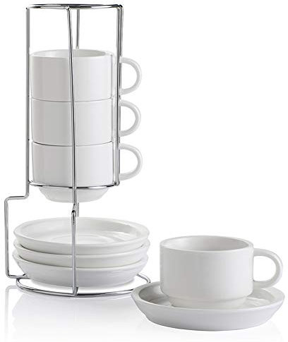Sweejar Home Tazas de capuchino de porcelana con platillos y soporte de metal, tazas de café apilables para bebidas de café especiales, latte, americano, té con juego de 4 (blanco, 120 ml)