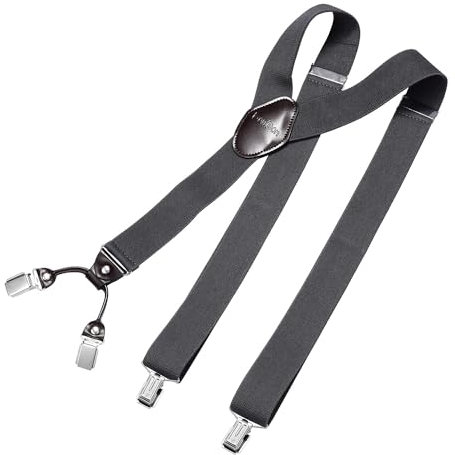 DonDon herr hängslen 3,5 cm breda 4 clips med brunt läder i Y-form elastiska och längdjusterbara - Mörkgrå