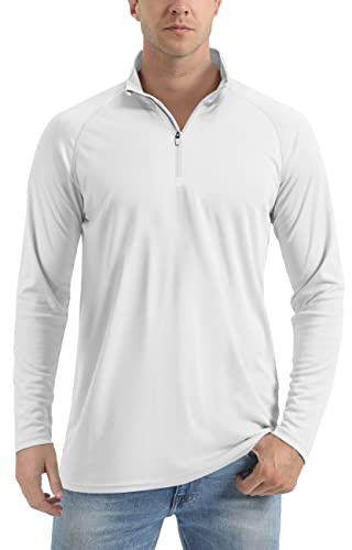 TACVASEN Maglietta UV Uomo Maniche Lunghe 1/4 Cerniera Traspirante Protezione Solare Outdoor Acqua Pesca Rash Guard, Bianco, L