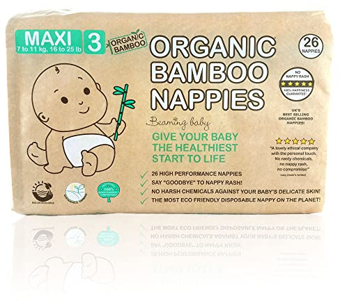 Beaming Baby Organic Bamboo Nappies Size 3, Maxi, 1 Pack of 26 Bamboo Eco Nappies. Eco Friendly Bamboo Diapers for Your Beautiful Baby 3 to 9 Months