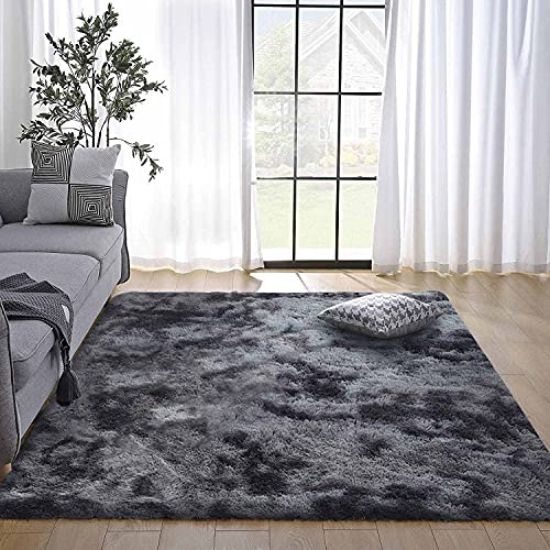 GISIONLARI Tapis doux à long poil pour chambre et salon, antidérapant, moderne, en fourrure, confortable, noir/gris (160 x