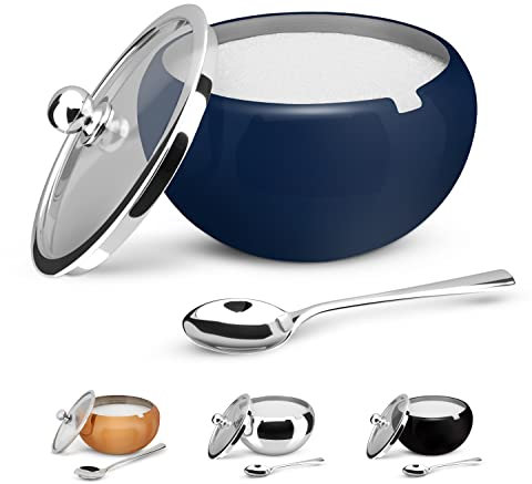 KooK Sugar Bowl, Sugar Bowl with Lid and Spoon, Sugar Container with Lid, for Salt, Coffee, Holds 2 Cups, Dishwasher Safe, Matte Navy, 16 Oz