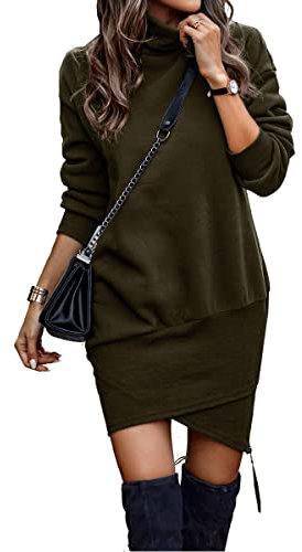 ABYOVRT Strickkleid Damen Kleider Lang Rollkragen Pulloverkleid Sweatkleid Langarm Sweatshirt Pullikleid Herbst Winter,Armeegrün,S