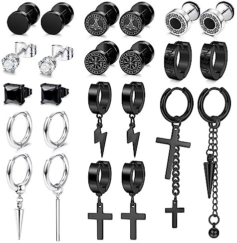 JeweBella 24 Stück Ohrringe Herren Edelstahl Runde Schwarz Quadratisch Wikinger Ohrstecker Blitz Kreuz Creolen Ohrringe Hängend Set Punk Gothic Ohrringe für Männer Damen