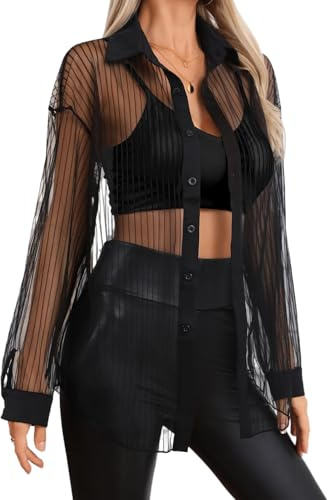 Milumia Women Sexy Oversized Sheer Button Up Blouse Shirt Long Sleeve See Through Mesh Top Black X-Large