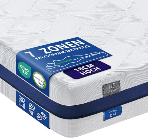 Coolux Sleep Matratze 140x200 cm, Höhe 18cm Orthopädische 7-Zonen Kaltschaummatratze, 2 in 1 Liegehärten Mittel/Fester Härtegrad H2 & H3, Öko-Tex Zertifiziert Ergonomische Rollmatratze