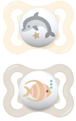 MAM Air Succhietto 2-6 Mesi (Set da 2), Ciuccio MAM 2-6 mesi per pelli sensibili e delicate, Kit da 2 accessori neonato con tettarella in silicone e porta ciuccio sterilizzatore, Neutro/Beige