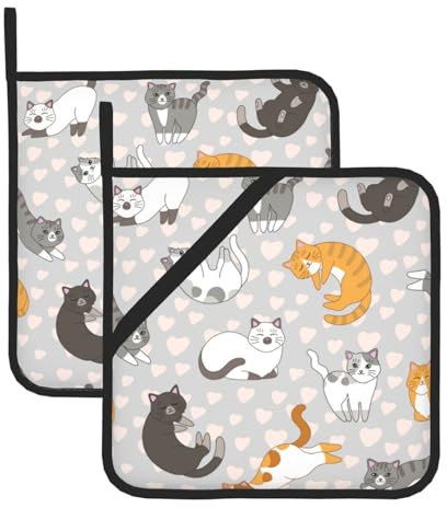 Simpatico set di 2 presine per gattini e gatti, presine per cucina, resistenti al calore, presine calde per bancone della cucina, presine con presine ad anello, per cucinare alla griglia e al forno