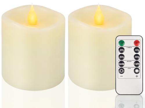 MISSTIME 3x3 Flickering Flameless Candles Set of 2,3 inch Real Wax LED 600 Hours Battery Candles with Timer Remote,Control for Wedding Party Indoor,Ivory