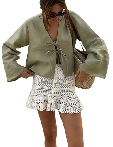 Blusa con lazo frontal para mujer, estilo casual, con cordones, cuello en V, manga larga acampanada, Verde, XL