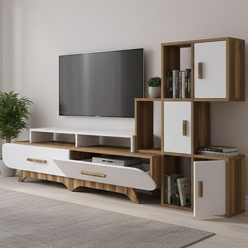 Dmora - Parete attrezzata Zephyria, Composizione soggiorno, Mobile salotto multiuso, Armadio porta TV, 205x37h50 cm, Noce e Bianco