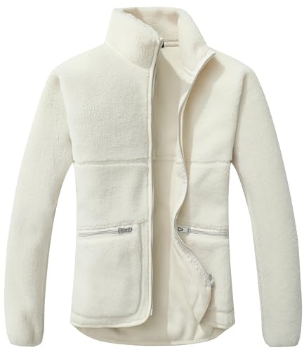 GIMECEN Women's Fuzzy Fleece Jacket Long Sleeve Zip Up Sherpa Coat Soft Polar Outerwear with Zipper Pockets