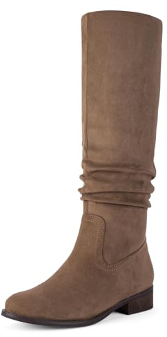 Shoe'N Tale Damen Kniehohe Stiefel Flach Niedriger Absatz Slouch Spitz Zehe Winterschuhe mit seitlichem Reißverschluss, Taupe, 37 EU