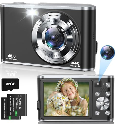 Digital Camera- Compact Camera 4K 48MP Autofocus Dual-Lens with 32GB SD Card, 2.8 Screen, 16X Zoom, 2 Batteries, Vlogging Selfie Camera for Kids & Beginners