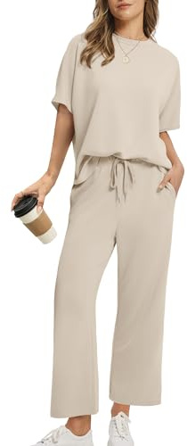 Sampeel Two Piece Sets for Women Summer Outfits Lounge Sets Resort Wear 2026 Beach Vacation Travel Date Outfits Fashion Clothing Beige L