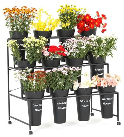 Porta Fiori Da Esterno In Metallo Con 12 Secchi E Ruote, Carrello Portafiori A 3 Livelli, Ripiano Mobile for Bouquet da Fiorista, for Decorazioni for Matrimoni e Display for Fioristi, Addio Al Nubilat