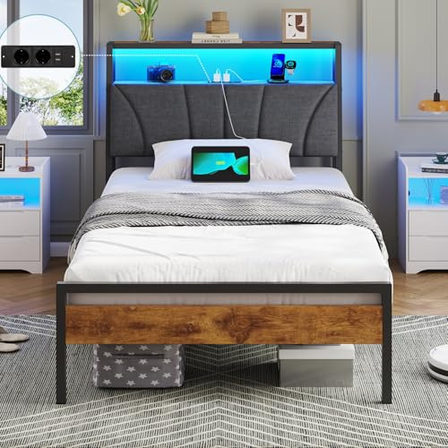 Brinlawb Letto Imbottito 90x200 cm, Struttura letto con Luce LED e Stazione di Ricarica (2 Prese CA 2 Porte USB) Struttura letto con piattaforma in metallo, Facile da montare, Moderno, Nero e Grigio
