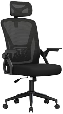 naspaluro Silla de Oficina, Silla de Oficina Ergonómica con Brazos Abatibles 90°, Soporte Lumbar de Diseño Exclusivo, Reposacabezas Ajustable, Tapicería de Malla Transpirable Escritorio, Negro