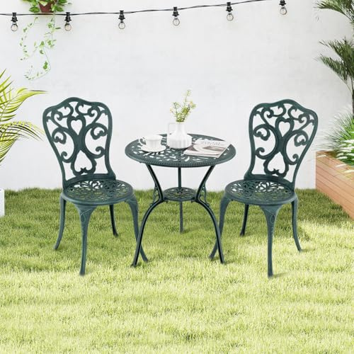 KOMFOTTEU Juego de Muebles de Jardín de 3 Piezas de Aluminio Fundido, Conjunto de 2 Sillas y Mesa con Orificio para Sombrilla, Juego de Bistró para Balcón, Patio, Terraza (Verde)