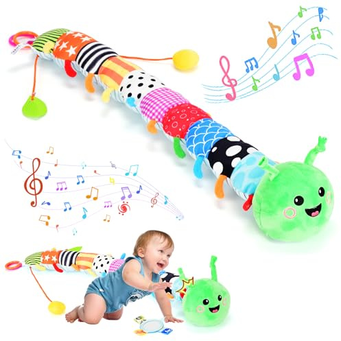 Jouet sensoriel pour bébé de 0 à 12 mois, chenille en peluche avec boîte à musique tactile amovible (30 sons), miroir pour bébé, hochet froissé, anneau de dentition, idéal pour le ventre et le siège