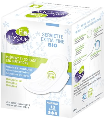 Unyque Compresas Algodón Puro 100% - Previene Irritaciones Hipoalergénicas Super Absorbentes Extrafinas y con Alas - Flujo Moderado – Apta Pieles Sensibles - 10 Unidades