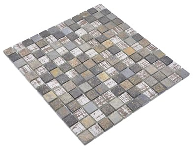 Mosaik kvadrat kristall/stenblandning rustik glas natursten kakelspegel, mosaiksten format: 23 x 23 x 8 mm, bågstorlek: 300 x 325 mm, 1 båg/matta
