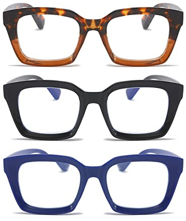 MMOWW 3-Pack Oversized Reading Glasses for Women - Anti Blue Light Glasses with Square Frame +2.5