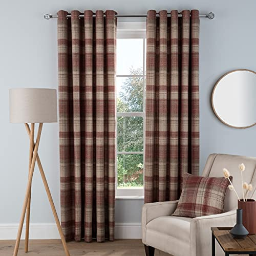 Sleepdown Woven Brushed Check Eyelet Lined Curtains for Bedroom and Living Room 66 x 54 Inch Wine 2 Panels