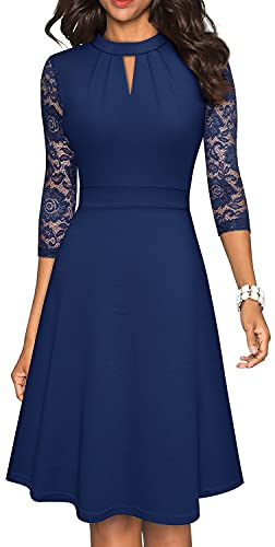 HOMEYEE Vestido de cóctel Plisado con Manga de Encaje Ahuecado para Mujer A234