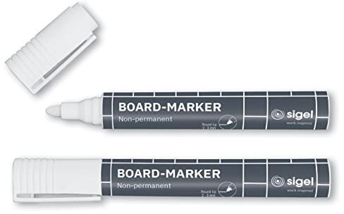 SIGEL Ba715 Lot de 2 Marqueurs pour Tableaux en Verre Foncé ou Miroir, Effaçables. Pointes Ogives Ø 2-3 Mm, Blanc