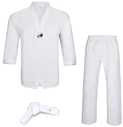 Ultimate Knockout Taekwondo Uniform Adult & Kids, 8OZ V-Neck Pull Over with Free Belt for Martial Arts Training TKD Dobok Student Uniform