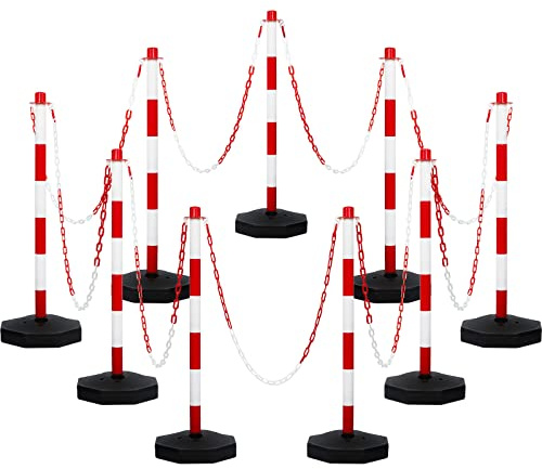 Amylove 9 Packs Traffic Delineator Post Cone with Base, Traffic Cones Safety Cones Caution Cones Plastic Stanchion Chain Safety Barriers with 6.6 Feet Link Chain and S Hooks for Parking Lot (Red)