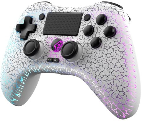 RALAN Kabelloser Controller mit 8 Farben Verstellbarer LED-Beleuchtung, kompatibel mit PS4-Controller, Dualshock 4/PS4 Pro/PS4 Slim/PS3 mit Kopfhörerbuchse für FPS-Spiel (weiß)