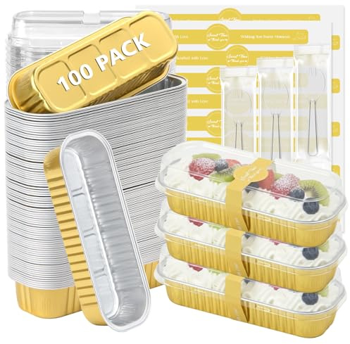 100 Pack Mini Loaf Pans with Lids and Spoons,6.8oz Gold Small Loaf Pans