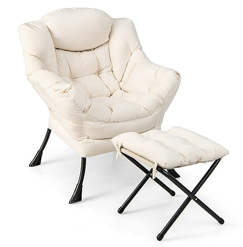 Giantex Lazy Chair with Ottoman, Accent Sofa Chair with Folding Footrest, Side Storage Pocket, Upholstered Leisure Lounge Armchair with Stool for Bedroom, Living Room, Office, Beige