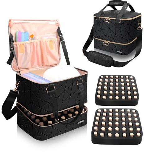 Sambois Nail Polish Organizer Bag Holds 84 Bottles (15ml/0.5 fl.oz)& Nail Lamp, PU Leather Nail Supplies Organizer with Holder& Shoulder Strap, Portable Travel Nail Kit Storage Carrying Case (Black)
