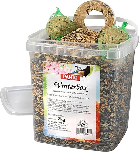 PANTO Wildvogelfutter Winterbox – Vogelfutter für Futterhäuschen, Streufutter für Vögel mit Sonnenblumenkernen, Streufutter, Meisenknödel und Meisenring