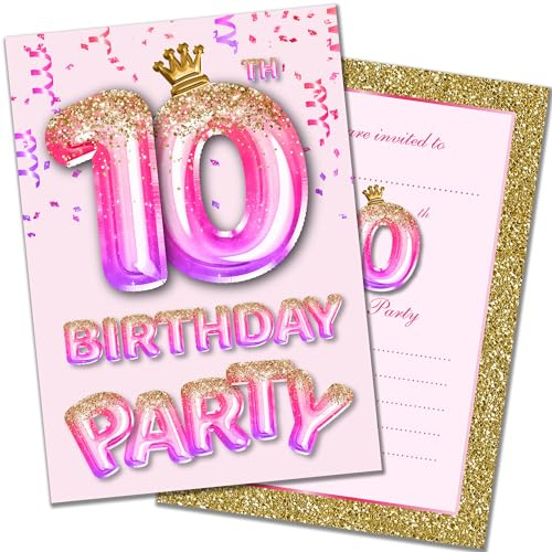 Olivia Samuel 20 Pack of 10th Birthday Invitations with Envelopes – Pink and Gold Glitter Effect – Ready to Write – Designed and Printed in the UK