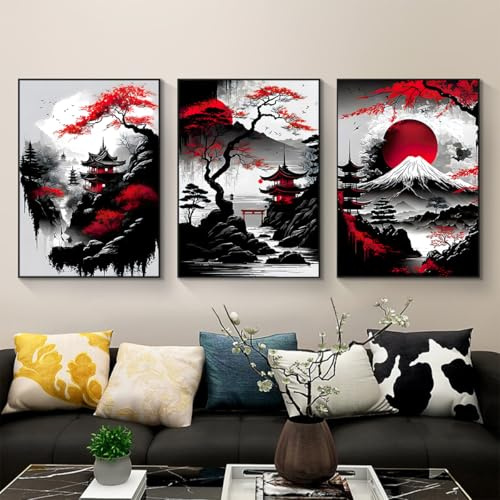 IUNTWEIE Poster con paesaggio giapponese, tempio giapponese in autunno nero/bianco, stampa artistica da parete, decorazione da parete per soggiorno, senza cornice (A, 40 x 60 cm x 3)