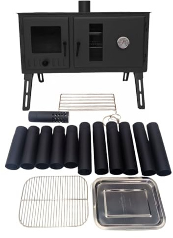 Outbacker Firebox Range Zeltofen mit Backofen & 2,66 m Rauchrohr – 3,5 kW Holzofen mit Glastür, 20,5 kg – Für Camping, Glamping & Bell-Zelte (Ofen-Set)