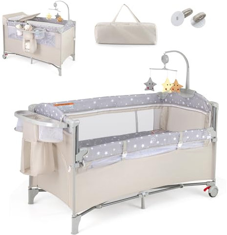 Baby Travel Cot, 5 in 1 Foldable Baby Bedside Sleeper with Bassinet Diaper Changer Mattress Toy Arch Music Box, Detachable Side Rail, Portable Crib Playard Pack and Play for Newborn Infant
