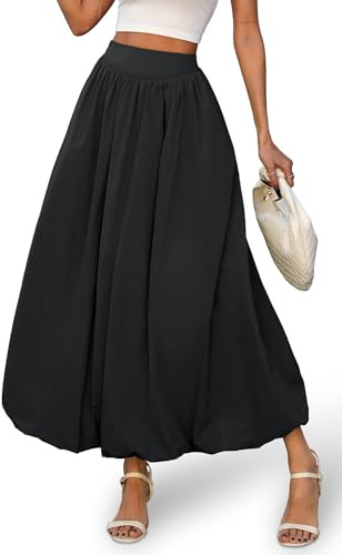 ELLEVEN Women's Bubble Maxi Fall Winter Skirt, Elastic Waist Puffy Hem A-Line Skirt with Pockets, Black, S