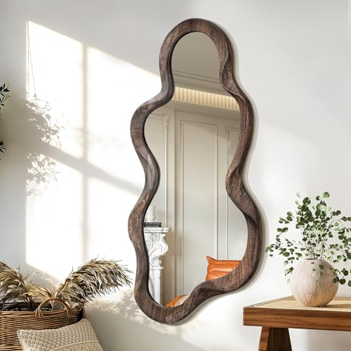 Oregelbunden stor, väggspegel med träram, modern, asymmetrisk, rustik, molnformad, hängande spegel, konstnärlig spegeldekor, sminkspegel, för badrum, sovrum, vardagsrum, hall, 90 x 50 cm