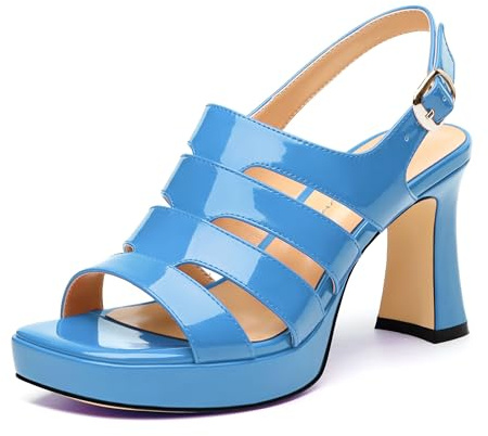 CDXJHYMY Women's thick soled sandals, square open toe thick heel women's ankle strap sandals, buckle leather insole sandals 3.3 inches, sexy thick heel sandals Sky Blue Patent Size 10
