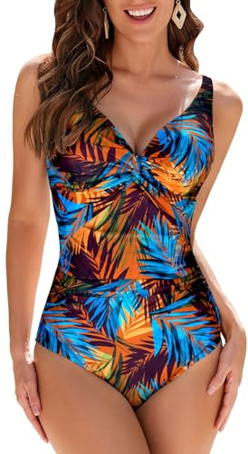 WIN.MAX Costumi da Bagno Interi per Donna Scollo a V Costume Intero Donna con Controllo della Pancia Monokini con arricciature, per Coppe da D a G(Foglie di Palma Blu, EU44)