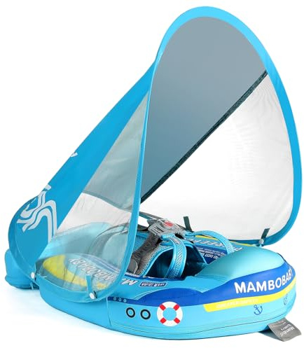 Mambobaby Float Add Tail No Flip Over Non-Inflatable Baby Swim Float Pearl Foam Solid Water Floats Smart Swim Trainer Infant Pool Float Swim Ring with Sun Canopy